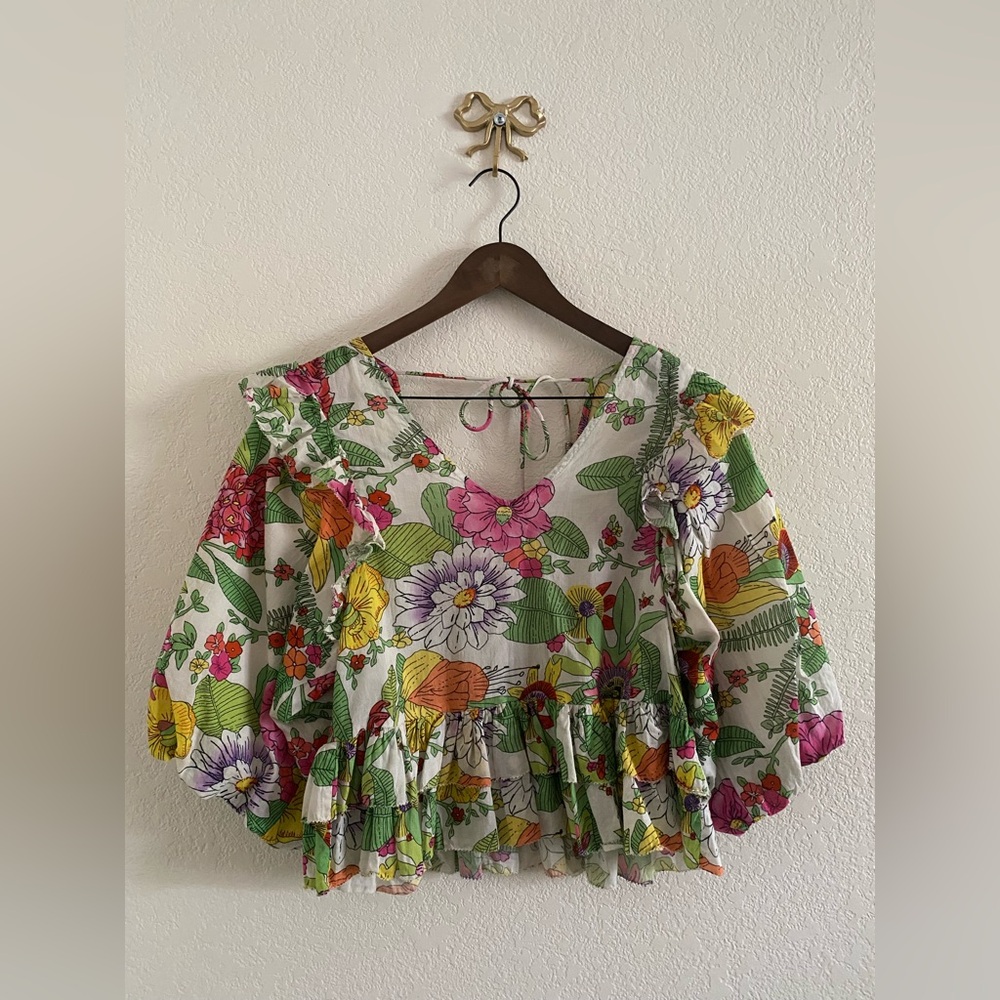 Anthropologie Love The Label Mitzie Floral Botanical Ruffle Crop Top XS